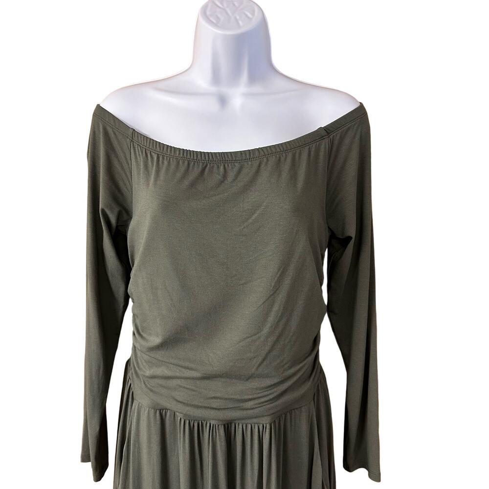 NWOT, Lascana Sz 8 Olive Green On Or Off Shoulder Dress With Pockets & Ruching